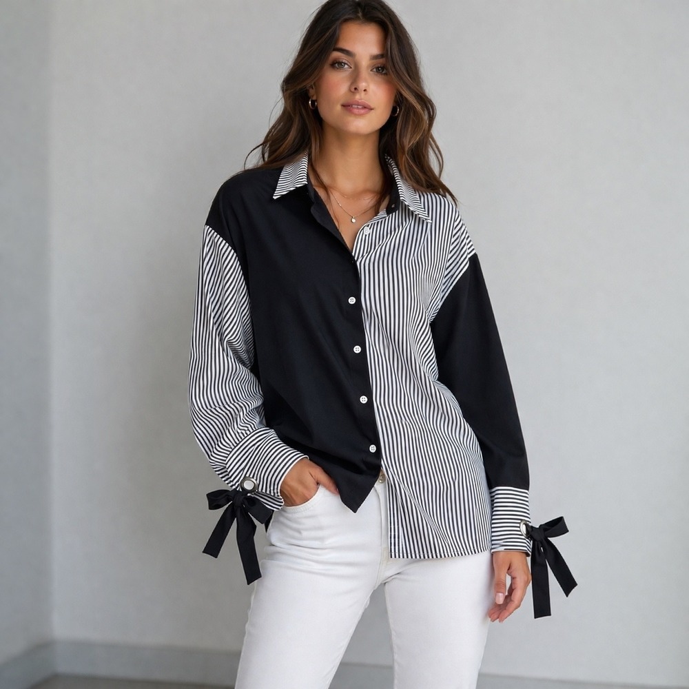 Modern Monochrome Colorblock Striped Top Womens Large